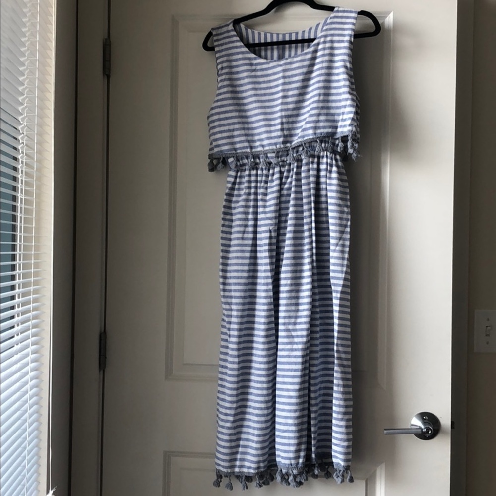 Blue & White striped linen midi dress cover up